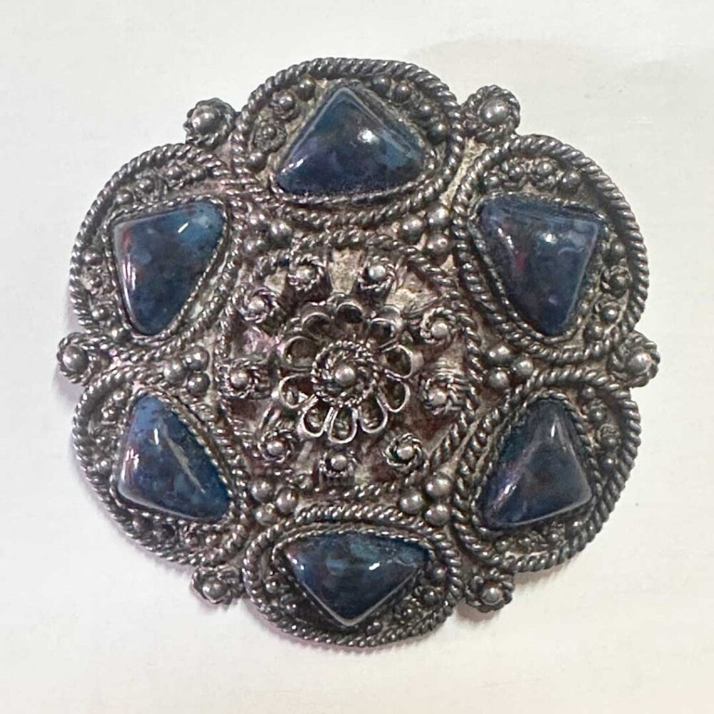 Vintage Israeli Sterling Silver Yemenite Filigree Brooch — Genuine Eilat Stone